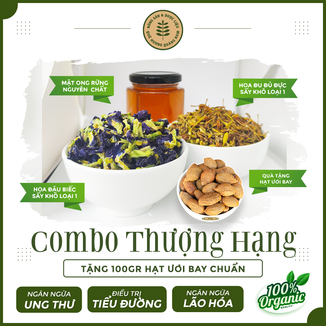 400gr hoa đu đủ đực sấy khô, 400gr hoa đậu biếc sấy khô loại 1 và 200ml mật ong rừng tự nhiên nguyên chất quảng nam
