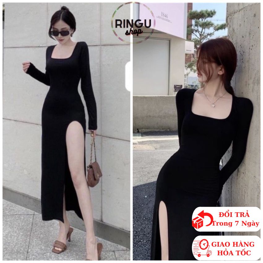 Đầm body cổ u tay dài xẻ tà chất thun cotton- ringu shop
