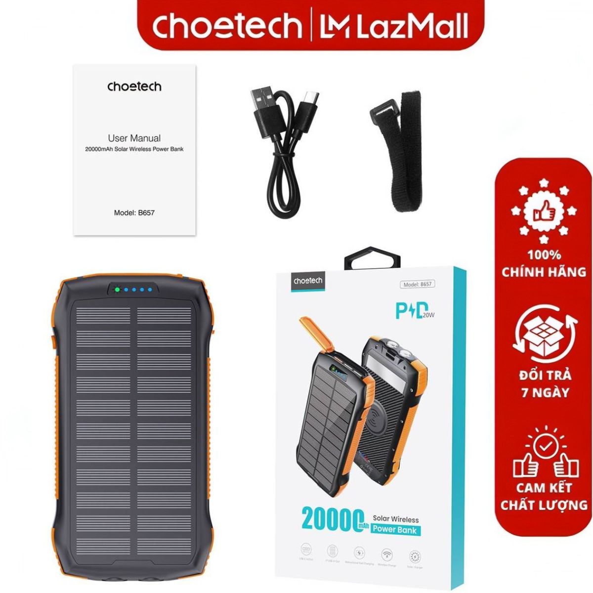 Pin sạc dự phòng năng lượng mặt trời tích hợp sạc không dây công suất 20w choetech b657 dung lượng 20.000mah