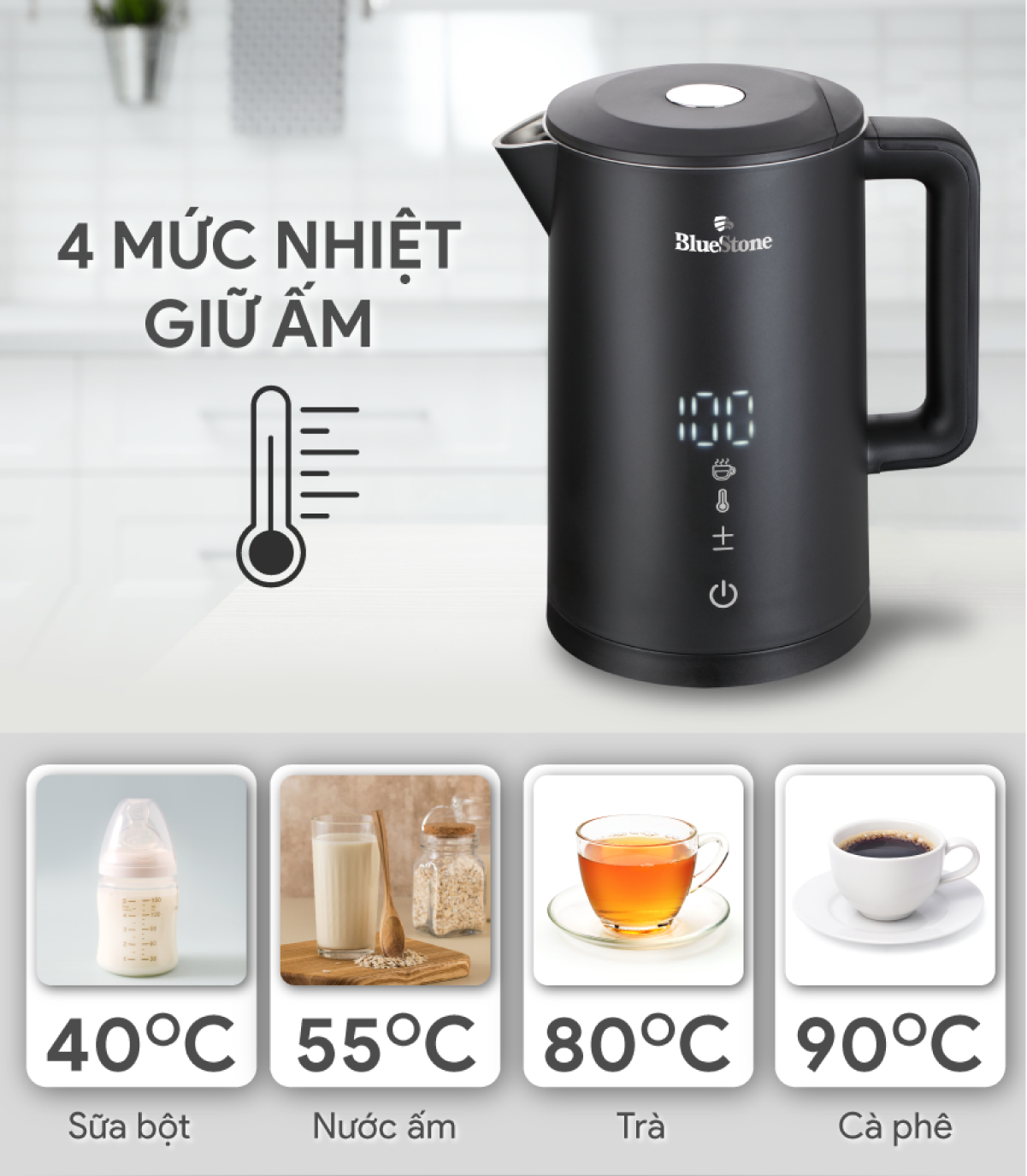 Ấm Đun Nước Siêu Tốc 2 Lớp BlueStone KTB-3466 (1.5 Lít - 2200W ) - Nút cảm ứng - Đèn LED hiển thị nhiệt độ - Bảo hành 2 năm - Hàng chính hãng