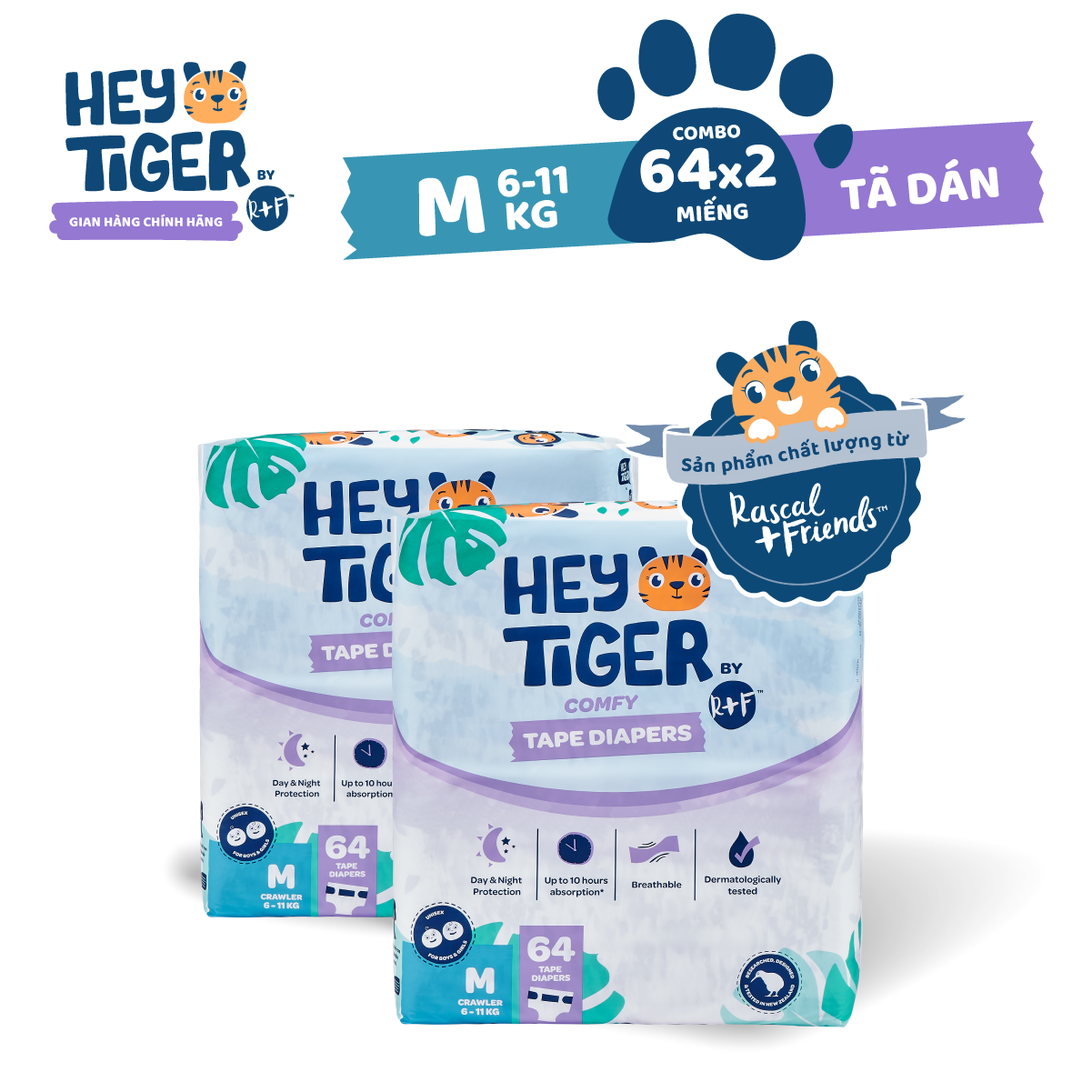 Combo 2 tã/bỉm dán hey tiger jumbo size m 6-11kg 64 miếng x2 bịch