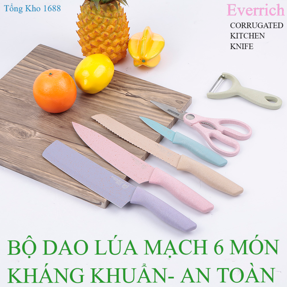 Bộ Dao Kitchen 6 Món Lúa Mạch Kháng Khuẩn - An Toàn Tiện Dụng - Bộ dao kéo cao cấp - Bộ dao gọt hoa quả nhà bếp kháng khuẩn lúa mach chống gỉ 6 món