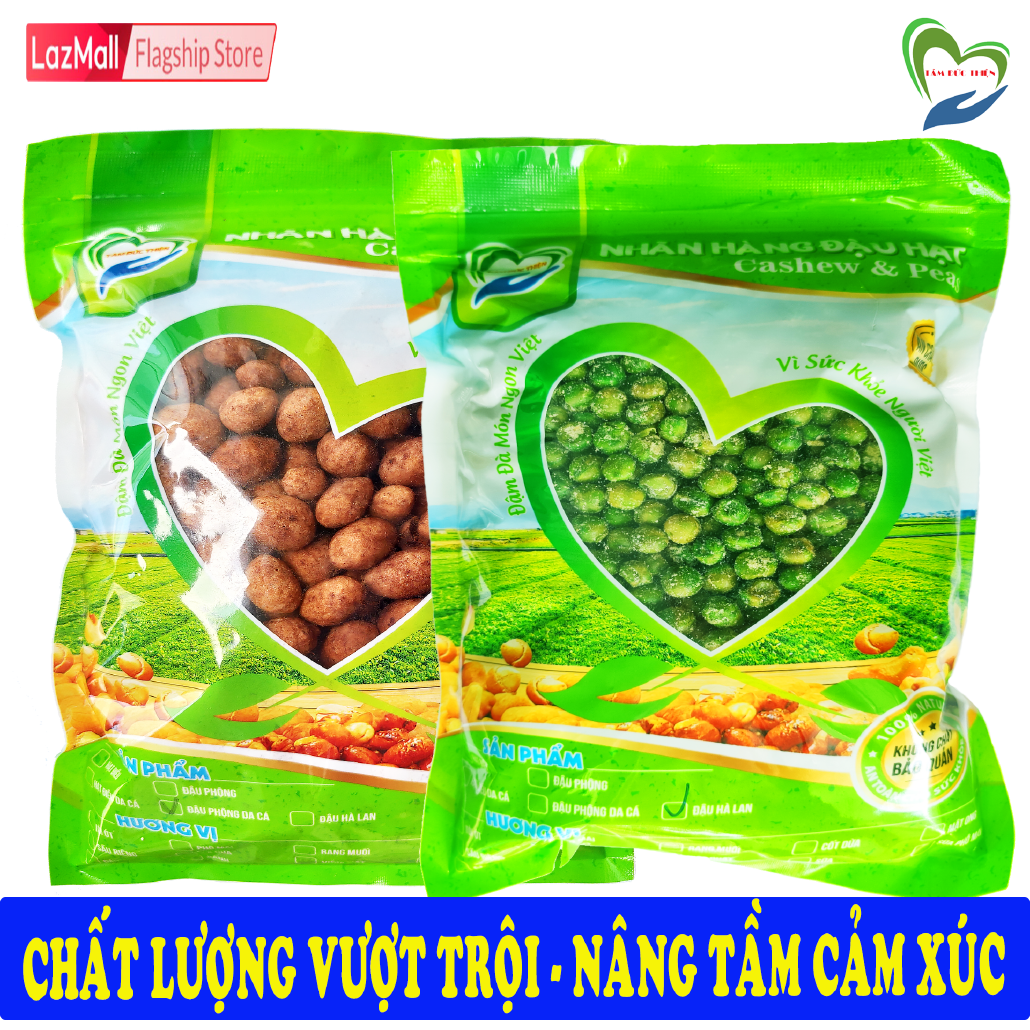 Combo 1KG: Đậu Phộng Da Cá CaCao và Đậu Hà Lan Rang Muối Tâm Đức Thiện 2 x Túi ZIP 500GR Thực Phẩm Đóng Gói Đóng Hộp Ăn Liền đồ ăn vặt Lazada bánh kẹo quà Tết
