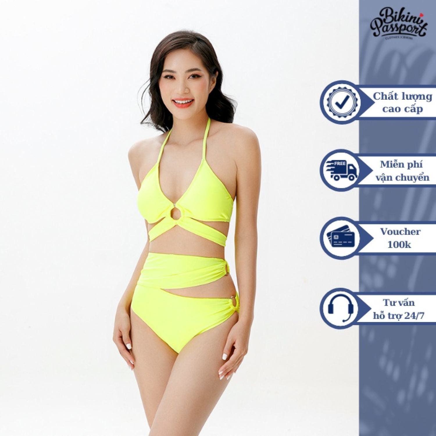 Đồ bơi nữ bikini passport kiểu hai mảnh áo chéo dây đính khoen - màu neon - bs383_neo
