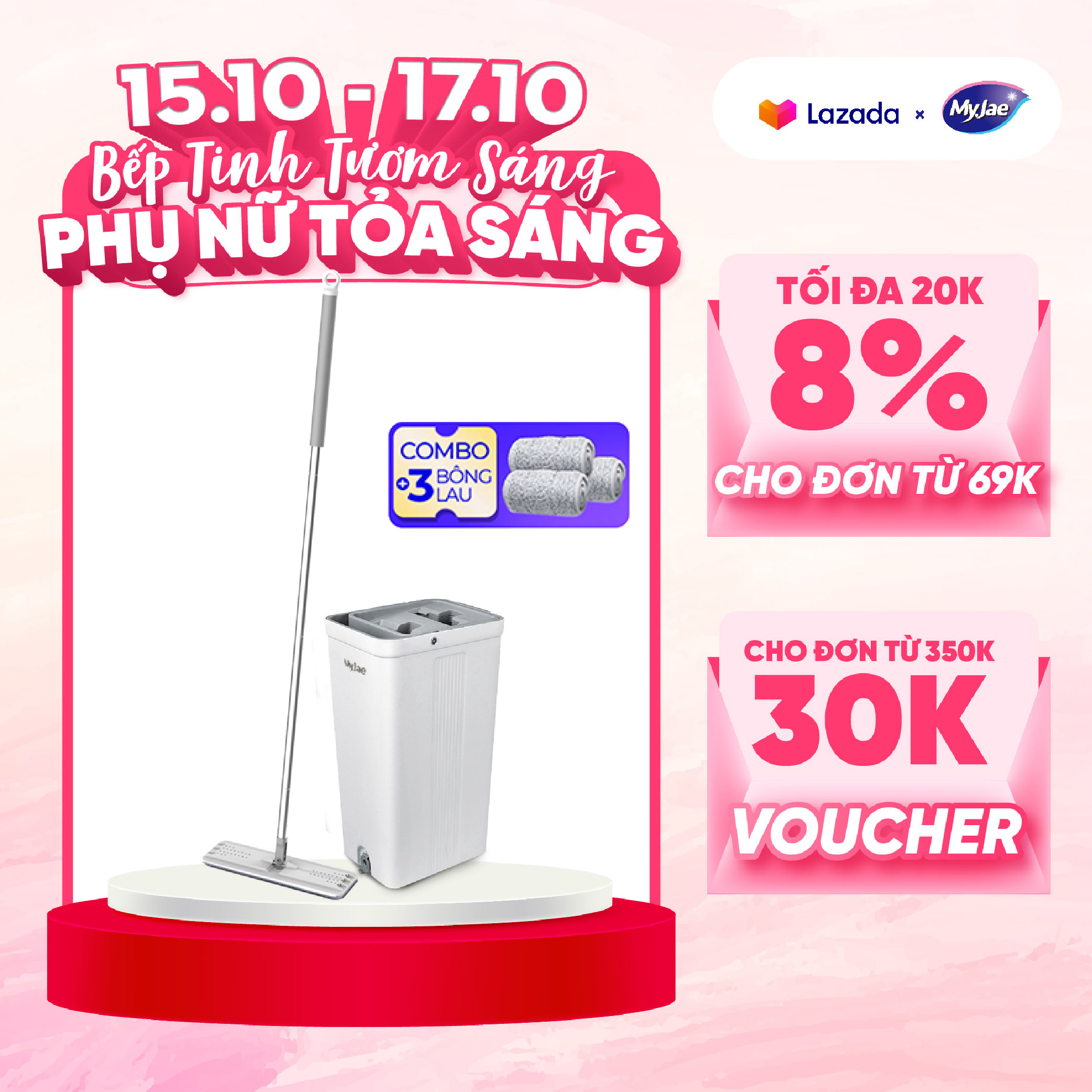 Combo 3 bông lau + 1 cây lau nhà tự vắt kèm thùng 2 ngăn xoay 360 độ thông minh lau sạch nhanh khô MyJae Đài Loan