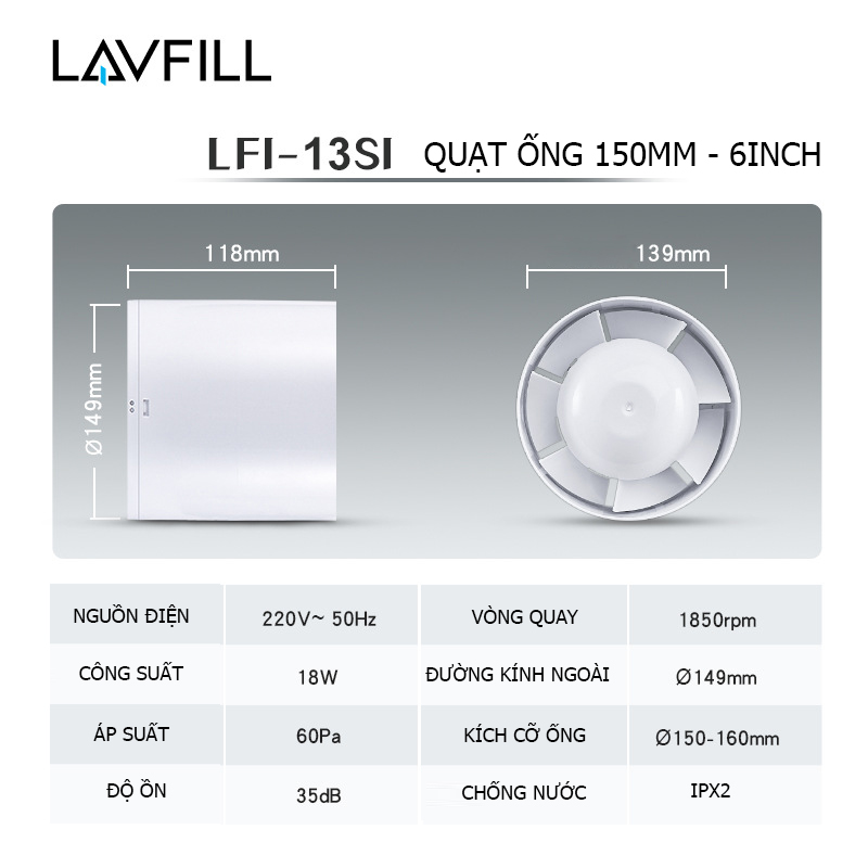 Quạt thông gió hút mùi, cấp gió tươi đường ống có nắp che LAVFILL LFI-09SI, LFI-13SI