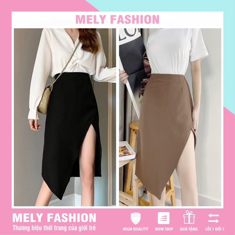 Chân váy dài qua gối Midi xẻ tà vạt chéo phong cách Hàn Quốc cá tính trẻ trung sang trọng có big size Mely Fashion CV22