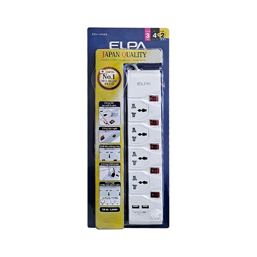 Ổ cắm 4 ổ điện, 5 công tắc, 3m, 2xusb elpa esu-vni43