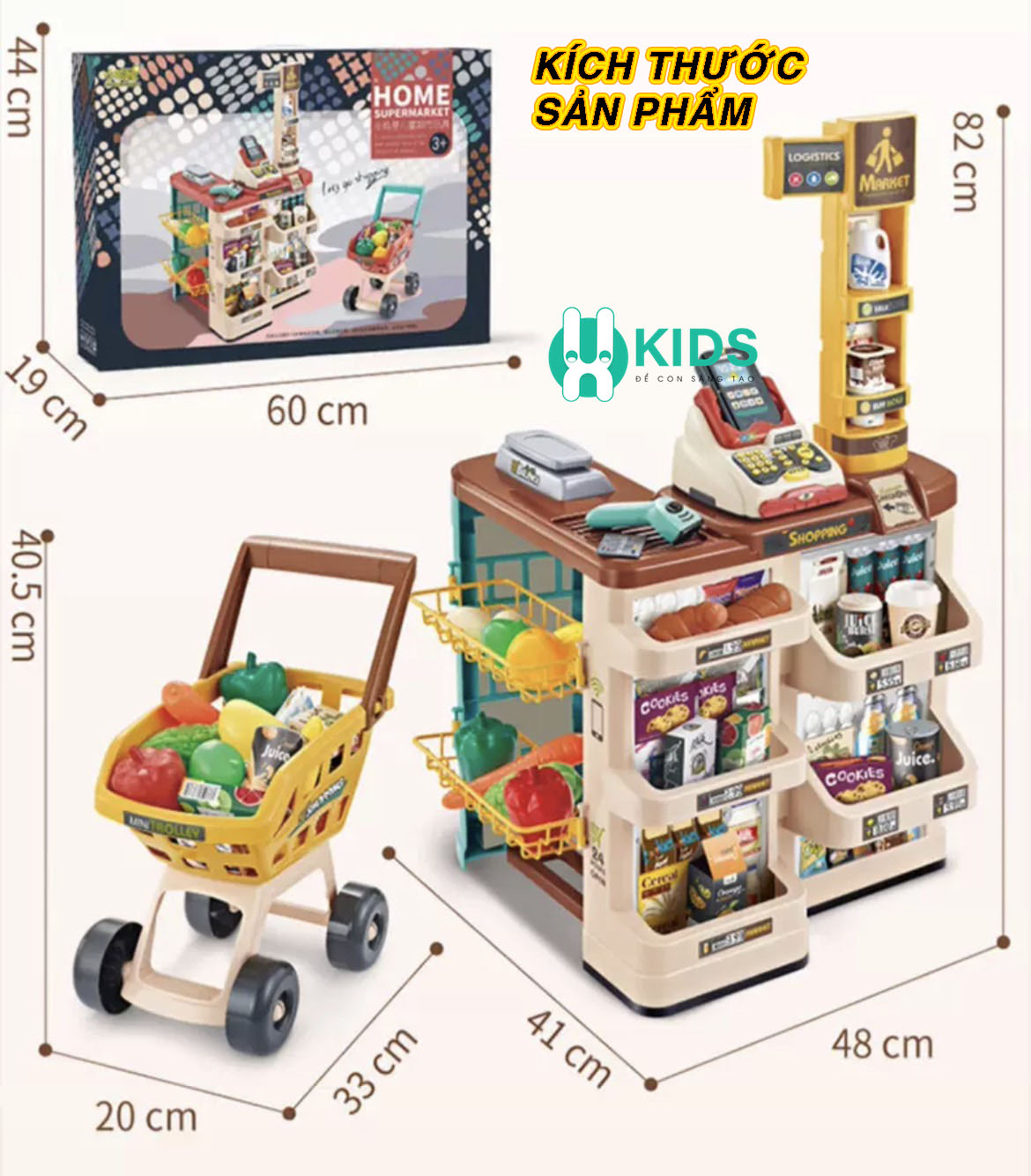 Đồ chơi quầy bán hàng siêu thị cỡ lớn kèm xe đẩy với máy quẹt thẻ, mã vạch có hiệu ứng âm thanh ánh sáng cho bé
