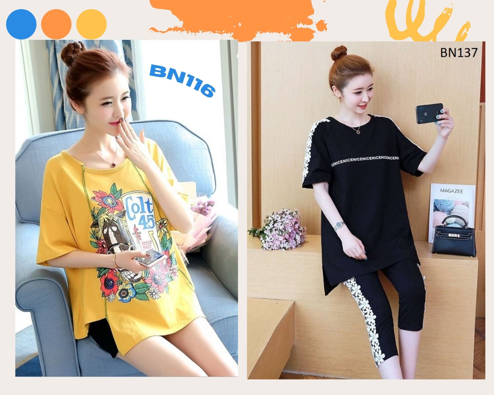 Combo 2 bộ đồ bầu và sau sinh, set đồ nữ thời trang bn116+bn137