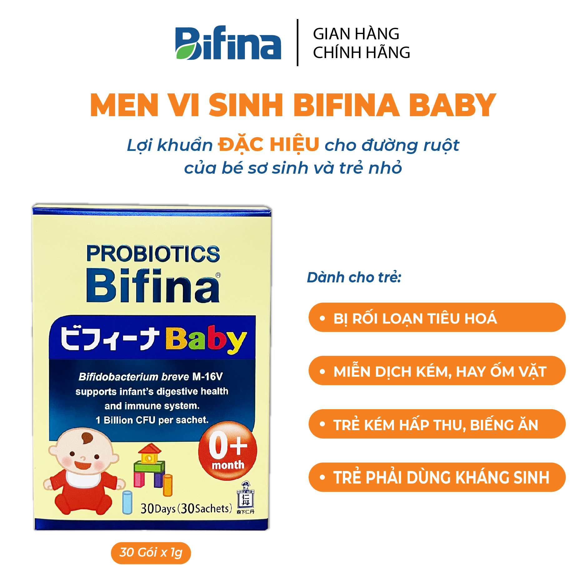 Hỗ trợ bé ăn ngon, tăng đề kháng - Men vi sinh cho bé Bifina Baby Nhật Bản- Hộp 30 gói