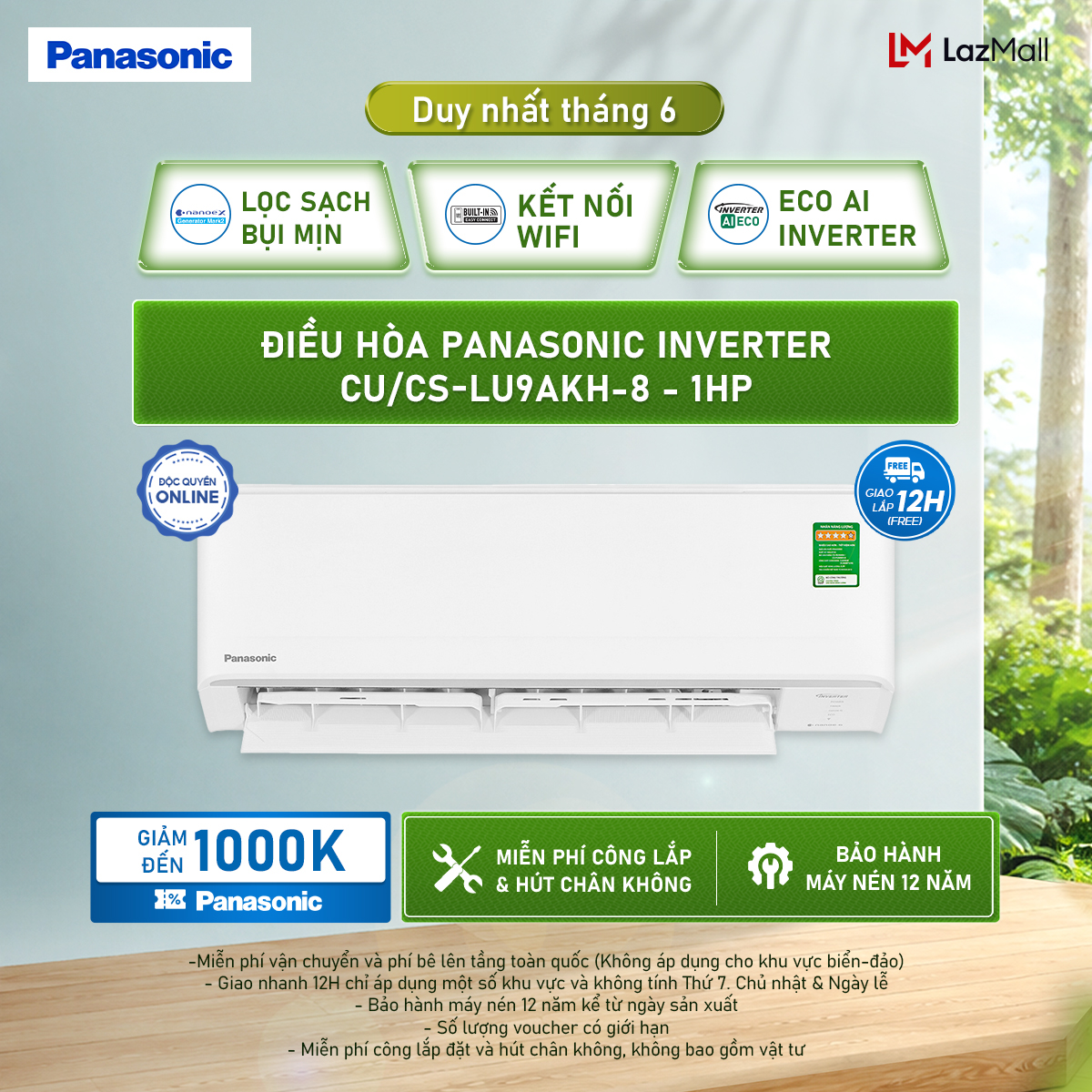 Máy lạnh/ Điều hòa Panasonic Inverter CU/CS-LU9AKH-8 - 1HP - Một chiều - Eco AI - Lọc sạch không khí NanoeX - Wifi