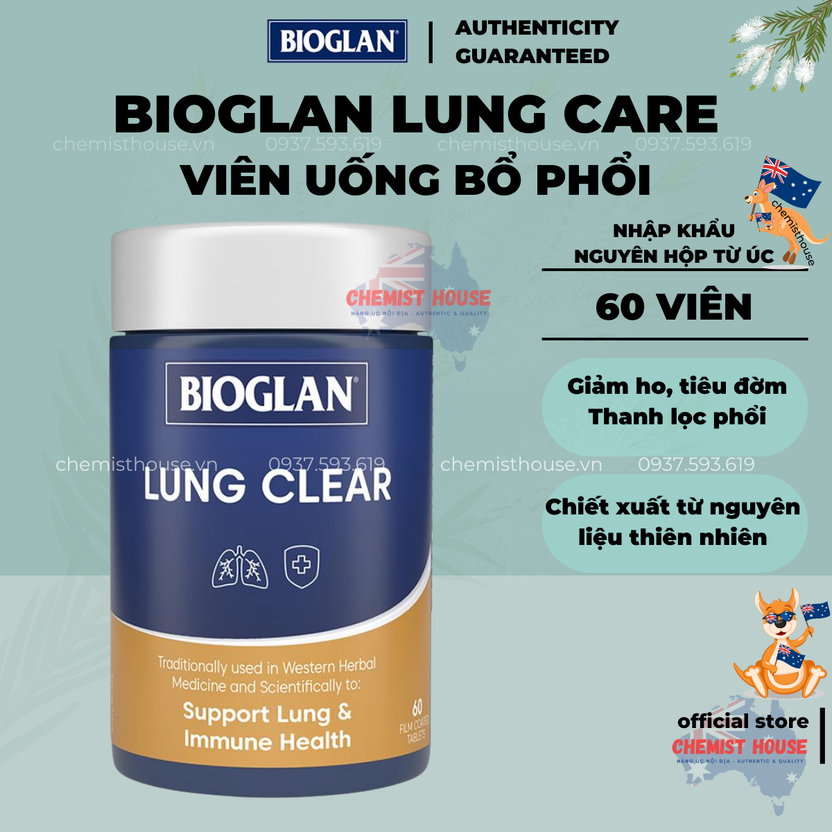 Viên uống thải độc phổi Úc hàng cao cấp - Bioglan Lung Clear 60 viên