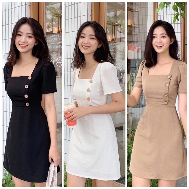 Đầm cổ vuông nút dừa 3 màu