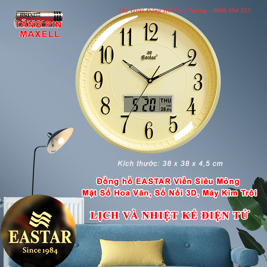 Đồng Hồ Treo Tường EASTAR KIM TRÔI có LỊCH Vạn Niên và NHIỆT KẾ Điện tử - Mặt Vàng – Bảo Hành 1 Năm – Tặng 2 Pin Maxell