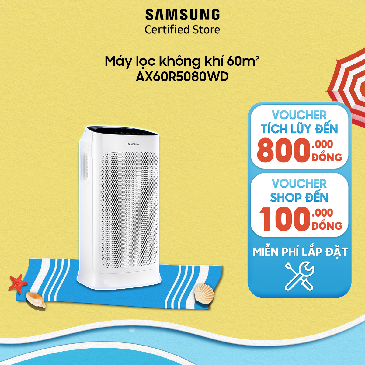 Máy lọc không khí 60m2 ax60r5080wd-ds | lọc sạch 99.9% bụi siêu mịn | khử mùi và khí độc | thổi gió 3 chiều