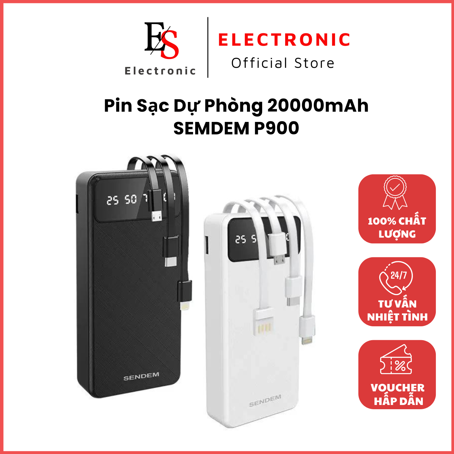 Sạc Dự Phòng Sendem P900 20000mAh Tích Hợp Sẵn Cáp Sạc 4 Trong 1 Có Led Báo Phần Trăm Pin Sạc An Toàn Ổn Định Chống Quá Nhiệt. Bảo Hành 12 Tháng Lỗi Đổi Mới.