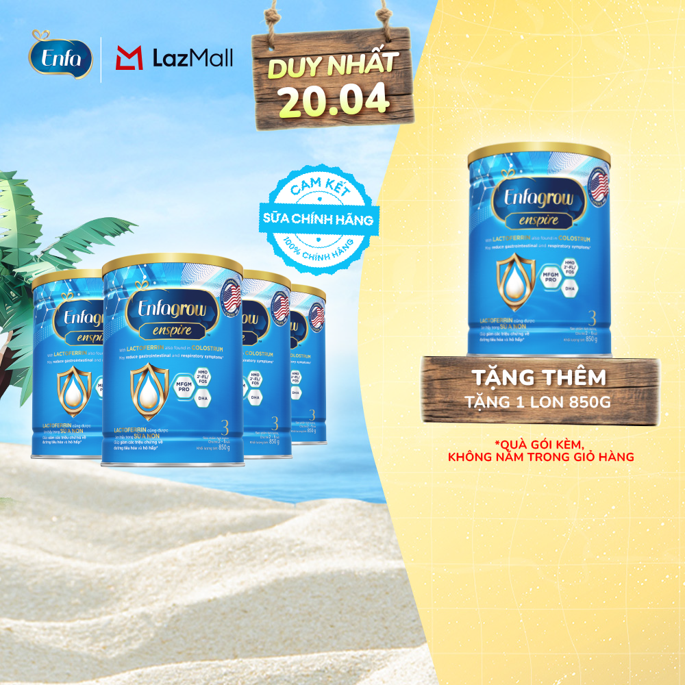 [TỪ 15-17/04][MUA LÀ CÓ QUÀ Tặng 1 lon 850g] Bộ 4 lon sữa bột Enfagrow Enspire 3 850g hỗ trợ đề kháng với Lactoferrin dành cho trẻ từ 2-6 tuổi