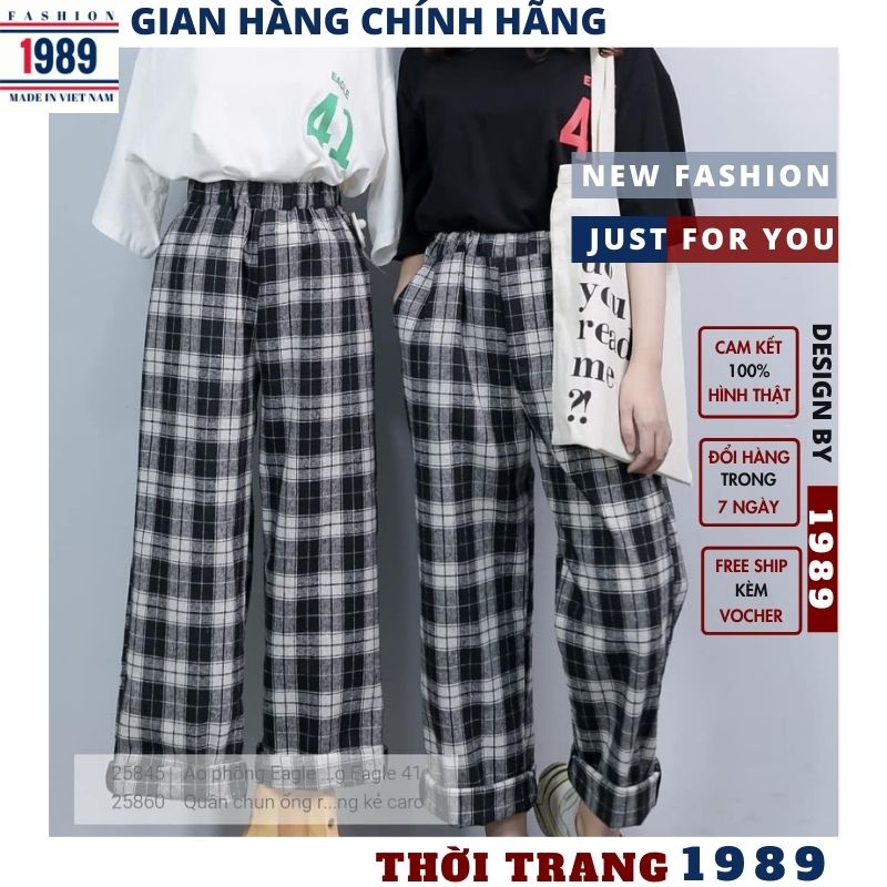 QUẦN ỐNG RỘNG NỮ- BAGY VẢI KẺ CARO CẠP CHUN ĐEN QV06 HÀN QUỐC 2 CẠP CHUN , SIÊU ĐẸP SIÊU HÓT , THỜI TRANG 1989