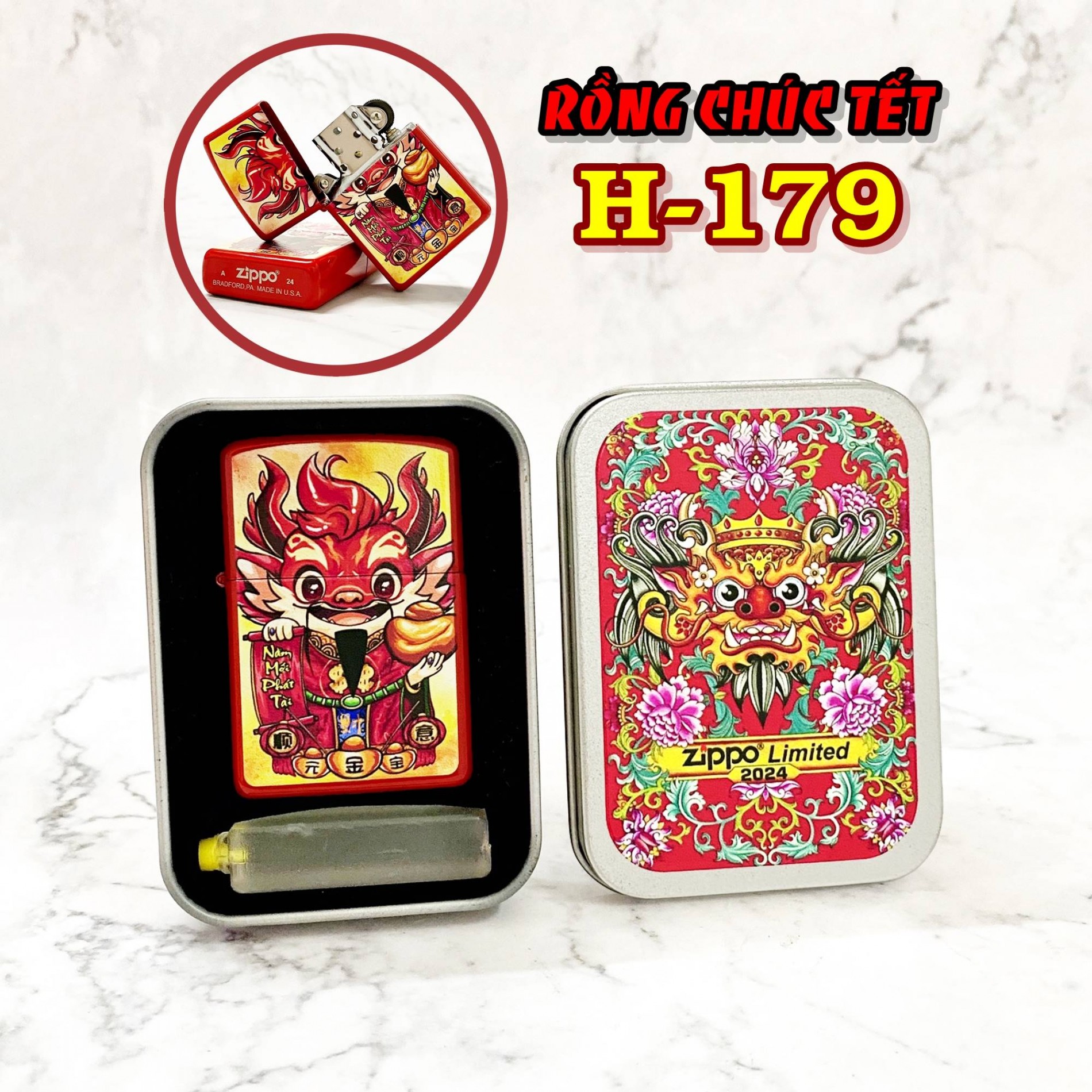 Bật lửa zippo sơn tĩnh điện 2 mặt hình rồng chúc tết #179