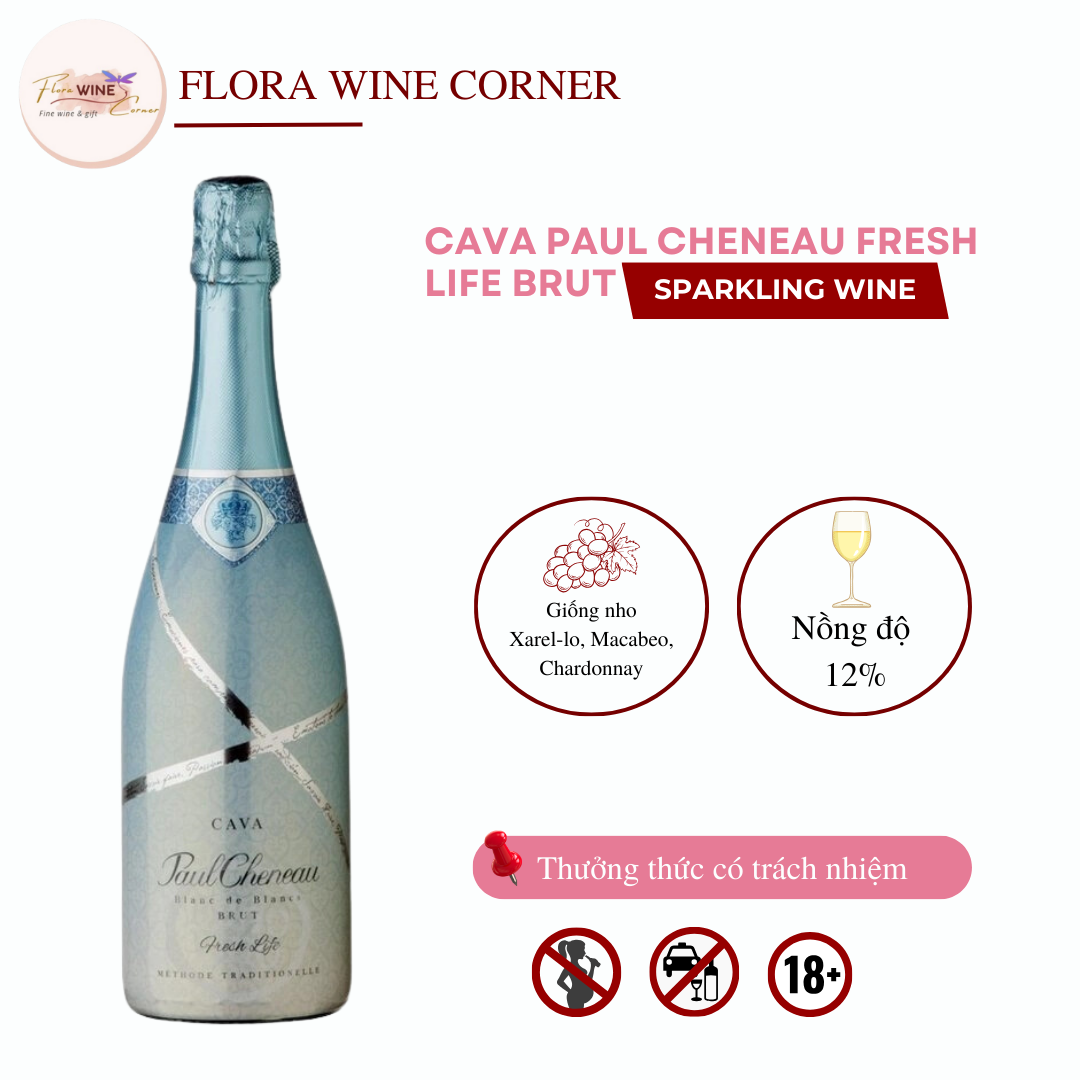 Rượu vang sủi Tây Ban Nha Cava Paul Cheneau Fresh Life Brut– Nồng độ 12% Alc, 750ml - Nhập khẩu Chính Hãng