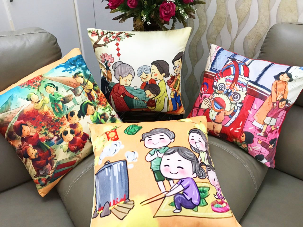 Set 4 vỏ gối tranh ngày tết 45-45cm
