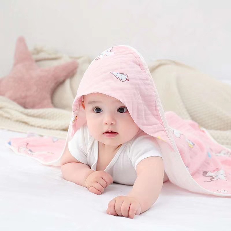 Khăn choàng xô có nón 4 lớp mềm mịn cotton 100% cho bé 0-12 tháng