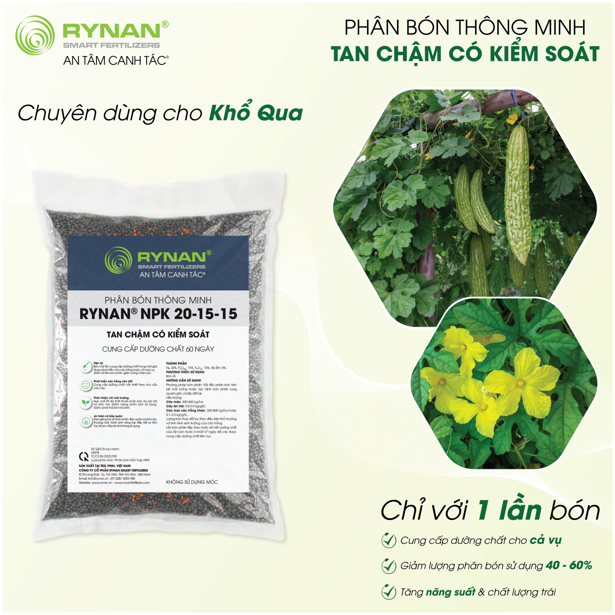 Phân bón tan chậm chuyên dùng cho cây khổ qua rynan® npk 20-15-15