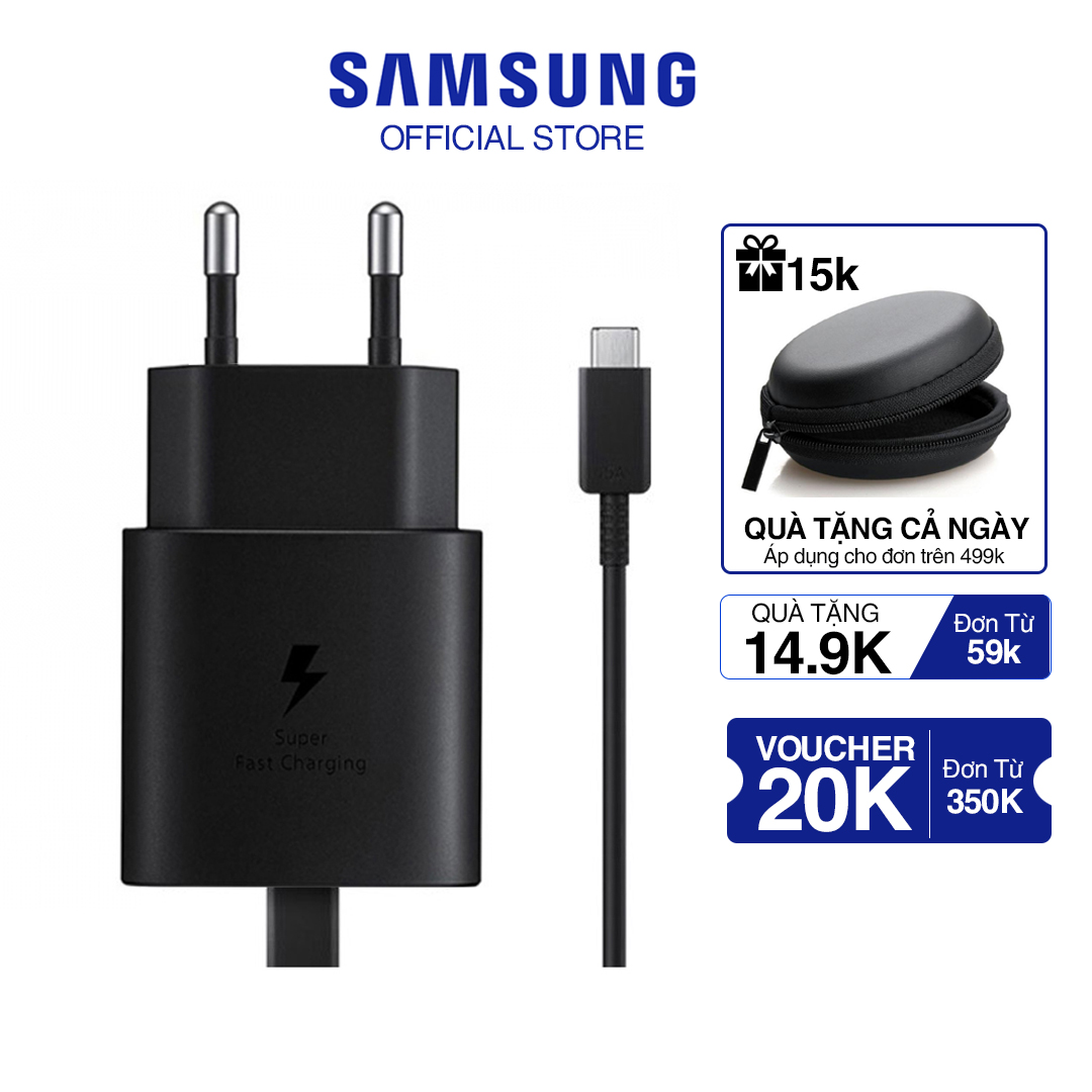 Sạc Samsung 25w siêu nhanh Bộ sạc: Củ sạc 25w và Dây sạc Samsung Type C màu đen trắng Bảo hành 6 tháng