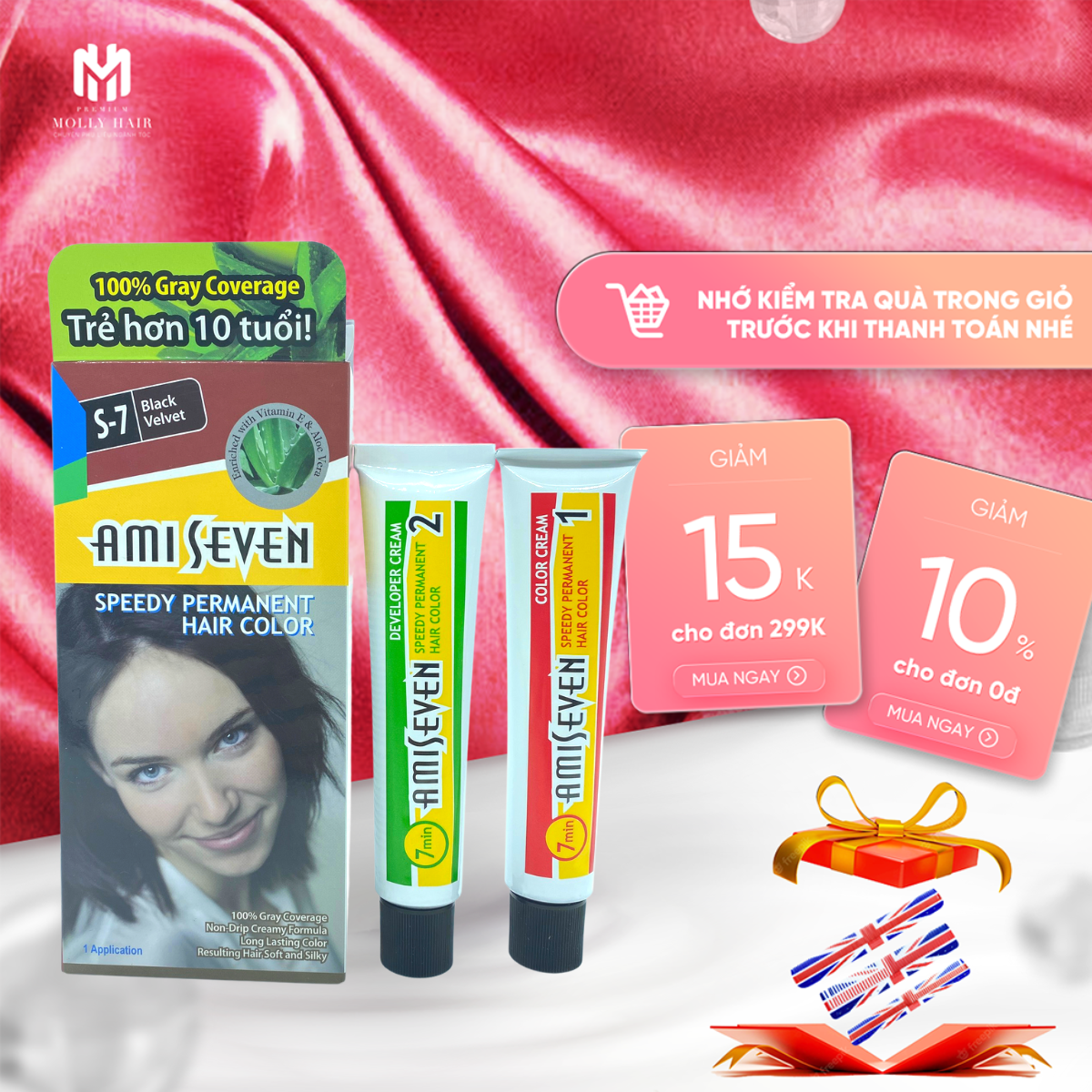 Nhuộm phủ bạc dược thảo Amiseven MollyHair, loại tiết kiệm(60g + 60g), phủ bạc 100% tóc bạc chỉ trong 7 phút