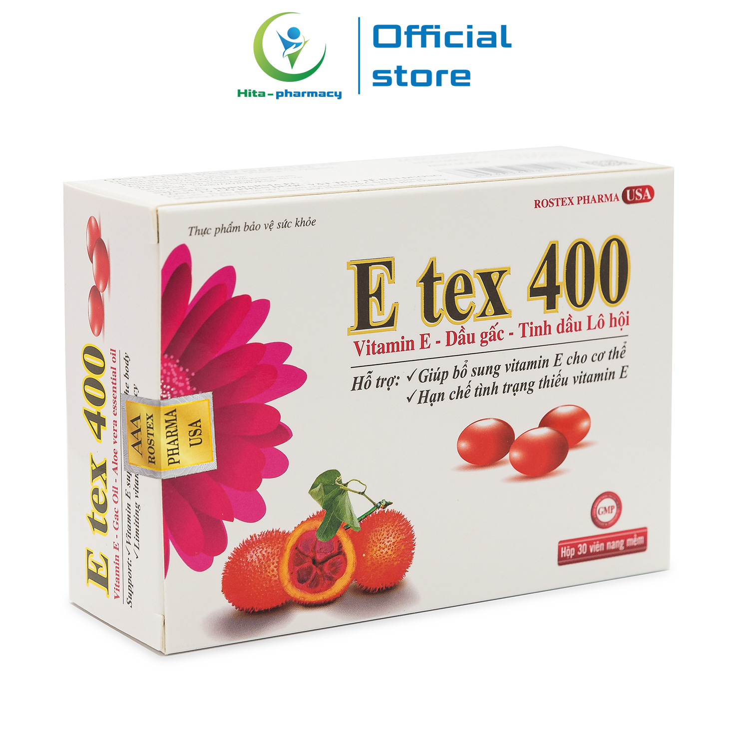Viên uống đẹp da Vitamin E Đỏ, dầu gấc, tinh dầu lô hội E Tex 400 giảm nám sạm da, chống lão hóa - Hộp 30 viên