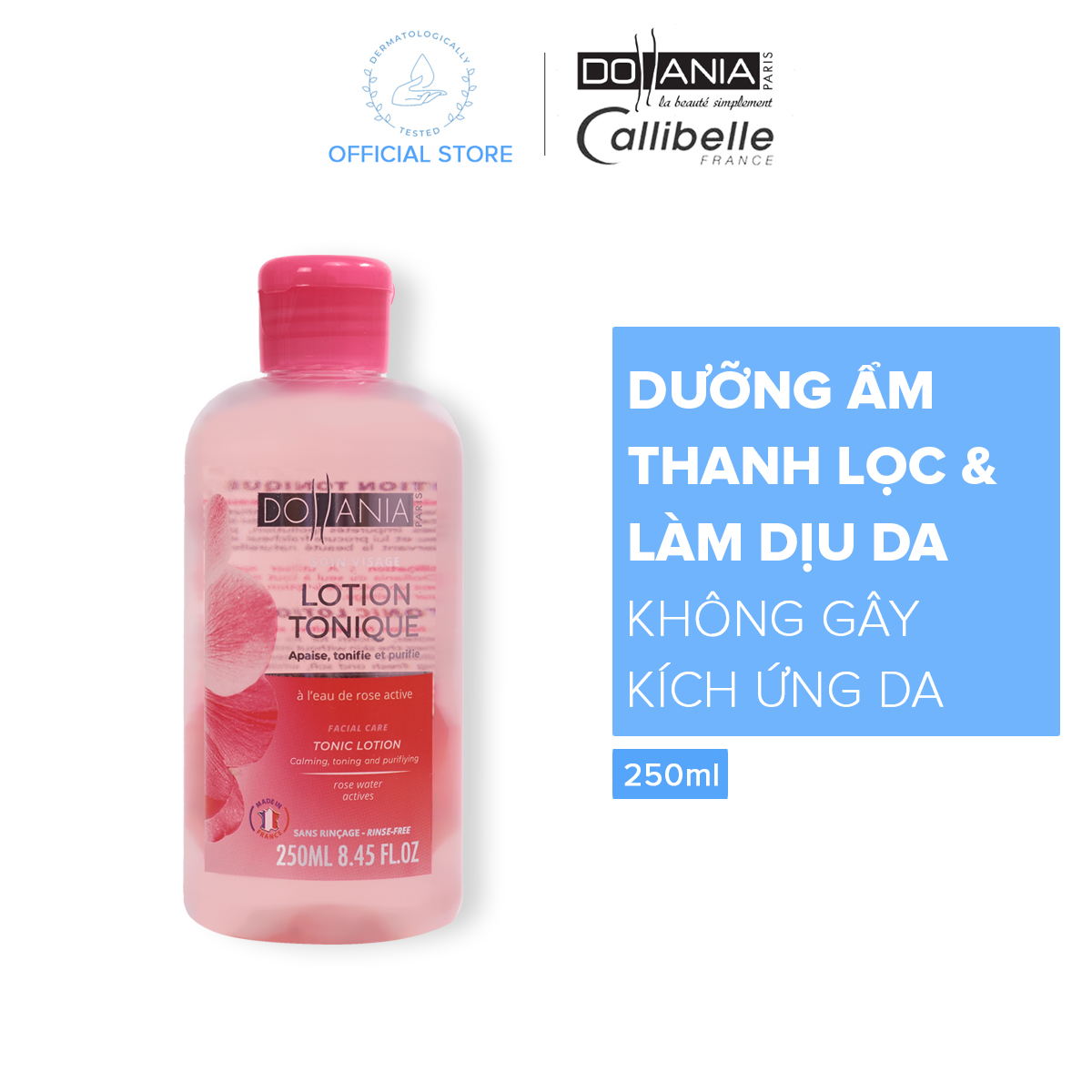 Nước hoa hồng dành cho da nhạy cảm Dollania se khít lỗ chân lông thanh lọc và làm dịu da 250ml