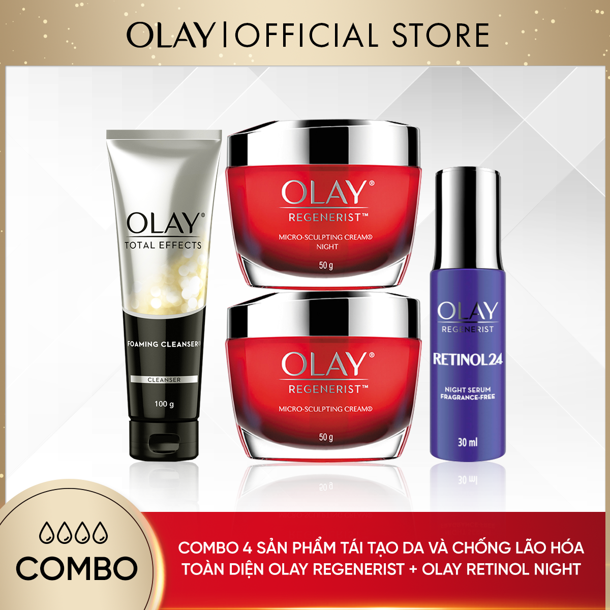[25-30.11 DEAL SỐC ĐƠN 749K TẶNG 4 QUÀ] Combo 4 Sản Phẩm Kem Dưỡng OLAY Tái Tạo Da Và Chống Lão Hóa Toàn Diện [Số lượng quà có hạn]