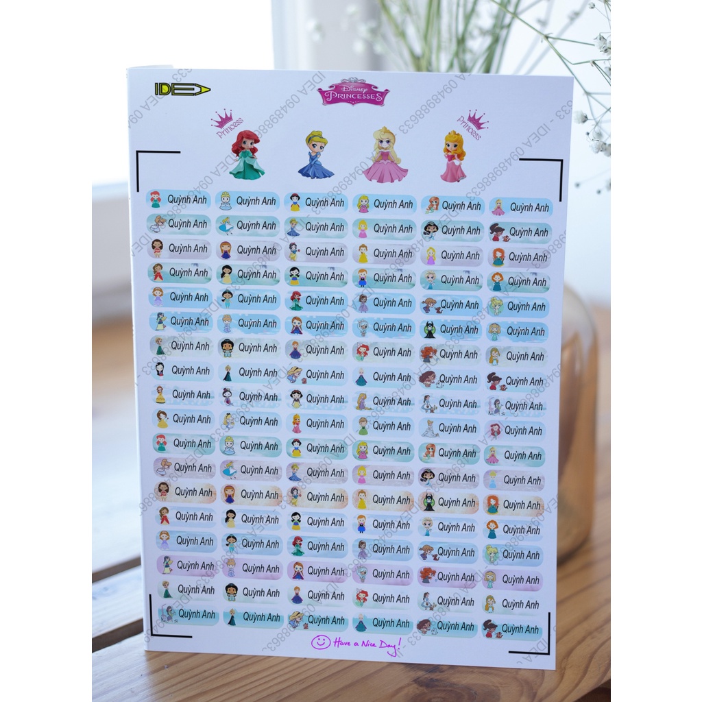 108 sticker Công chúa Chibi dán đồ dùng học tập in tên riêng của bé