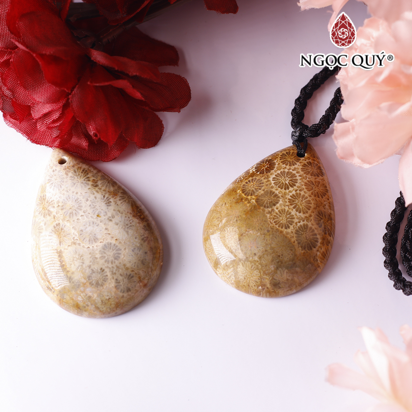 Mặt dây chuyền hình giọt nước đá san hô hóa thạch mệnh thủy kim - Ngọc Quý Gemstones