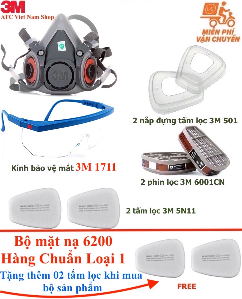 Khẩu trang kiêm mặt nạ cao cấp 3M 6200 + Kính 3M 1711, phòng độc cháy, chống dịch chứa Virus, lọc bụi siêu mịn PM2.5, phòng khói hỏa hoạn, phun sơn, trừ sâu đa năng chuyên dụng, hợp với cả nam và nữ, rất nhẹ, dễ chịu khi sử dụng