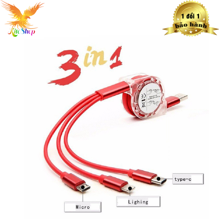 Cáp sạc 3 đầu đa năng cho iphone, ipad----micro usb cho samsung android --- type c oppo