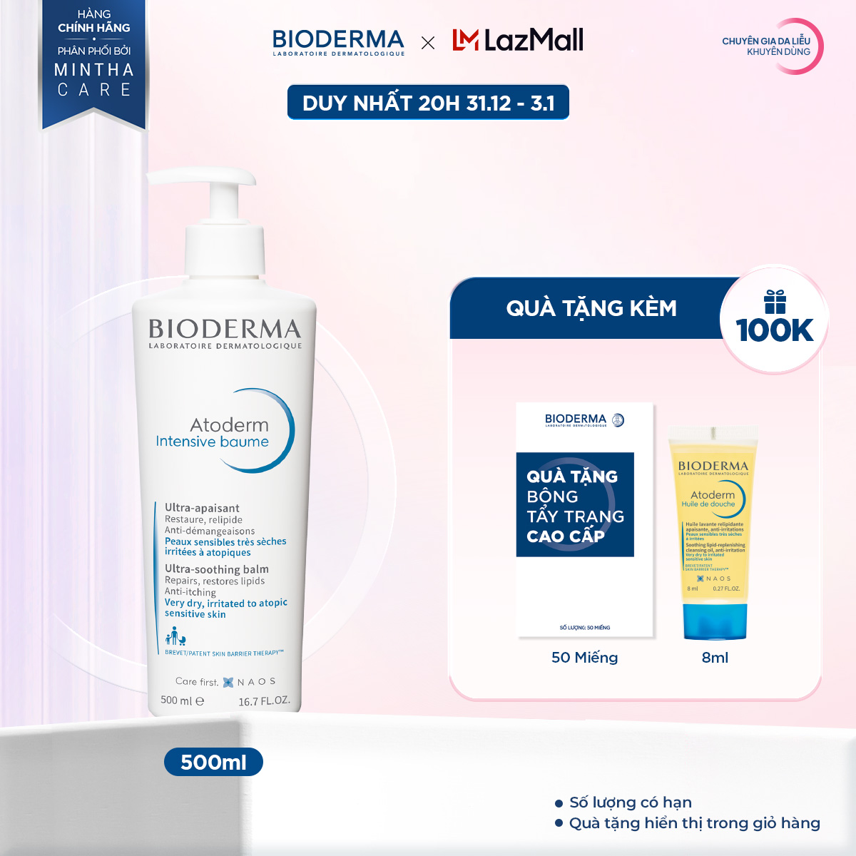 Kem dưỡng ẩm chuyên sâu cho da rất khô và viêm da cơ địa Bioderma Atoderm Intensive Baume - 500ml 