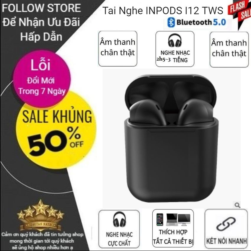 Tai Nghe Bluetooth i12 INPODS TWS - Có Cảm Ứng Vân Tay - Tai Nghe Bluetooth 5.0 Âm Thanh Cực Chất - Chức Năng Giảm Tạp Âm - Tai Nghe I12 INPODS Bản Nâng Cấp Của I12 - Tai Nghe Tự Động Kết Nối - Tai Nghe Tích Hợp Với Các Dòng Smart phone