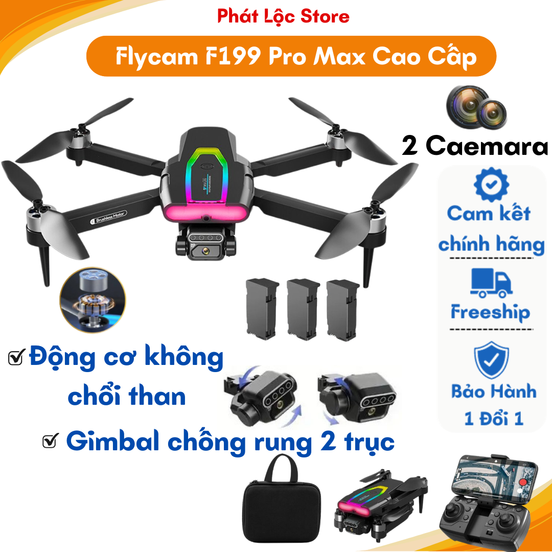 Flycam Mini Giá Rẻ Drone F199 Pro Max, Máy Bay Điều Khiển Từ Xa 4 Cánh, Play Camera Cao Cấp 2 Camera, Pin Lithium 2600mAh bay 25 Phút, Cảm Biến Chống Va Chạm