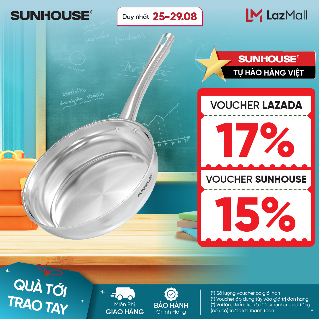 [ƯU ĐÃI 2 TẦNG VOUCHER] Chảo Inox Chống Dính Tự Thân Inox Liền Khối Sunhouse IN20-26M7E - Inox dày gấp bốn lần - Chống dính tự nhiên an toàn bền bỉ - Dùng mọi loại bếp