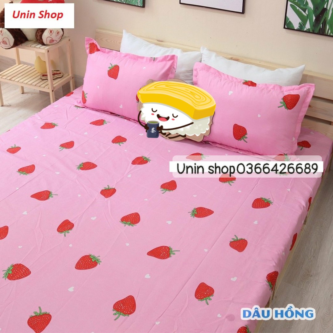 (Siêu rẻ) Ga bọc nệm, drap bo chun kích thước m6/m8 mẫu Trái Dâu Tây (Dâu Hồng) siêu đẹp chất Poly - Ga giường bọc bảo vệ đệm, kèm 2 vỏ gối