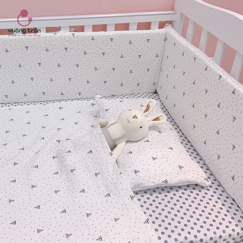 Quây cũi cao cấp Vuông Tròn vải muslin, chăn ga vải sợi tre bamboo thoáng mát đẹp an toàn cho bé