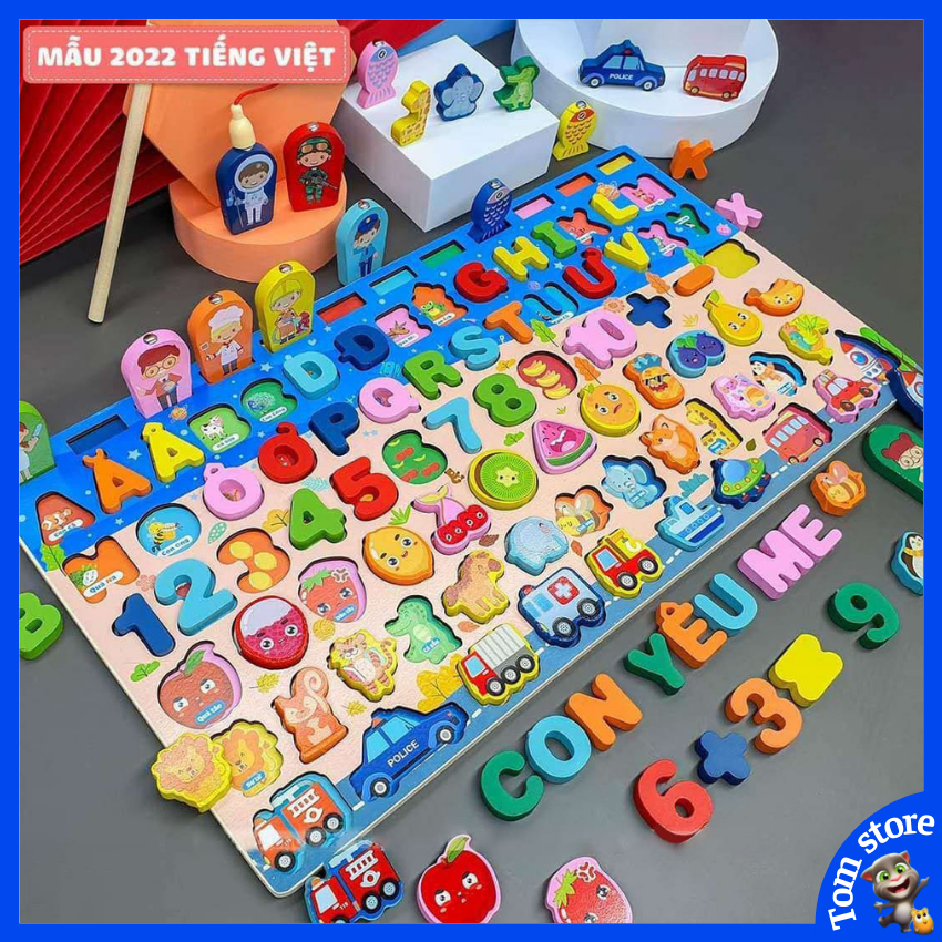 Đồ chơi thông minh cho trẻ em,trẻ con bộ bảng câu cá, xếp hình, ghép chữ tiếng Việt 6 in 1 và 7 trong 1 bằng gỗ mẫu mới năm 2022 cho bé trai, gái 1 2 3 4 5 6 tuổi. Trò chơi giáo dục montessori cho bé phát triển trí tuệ TOM