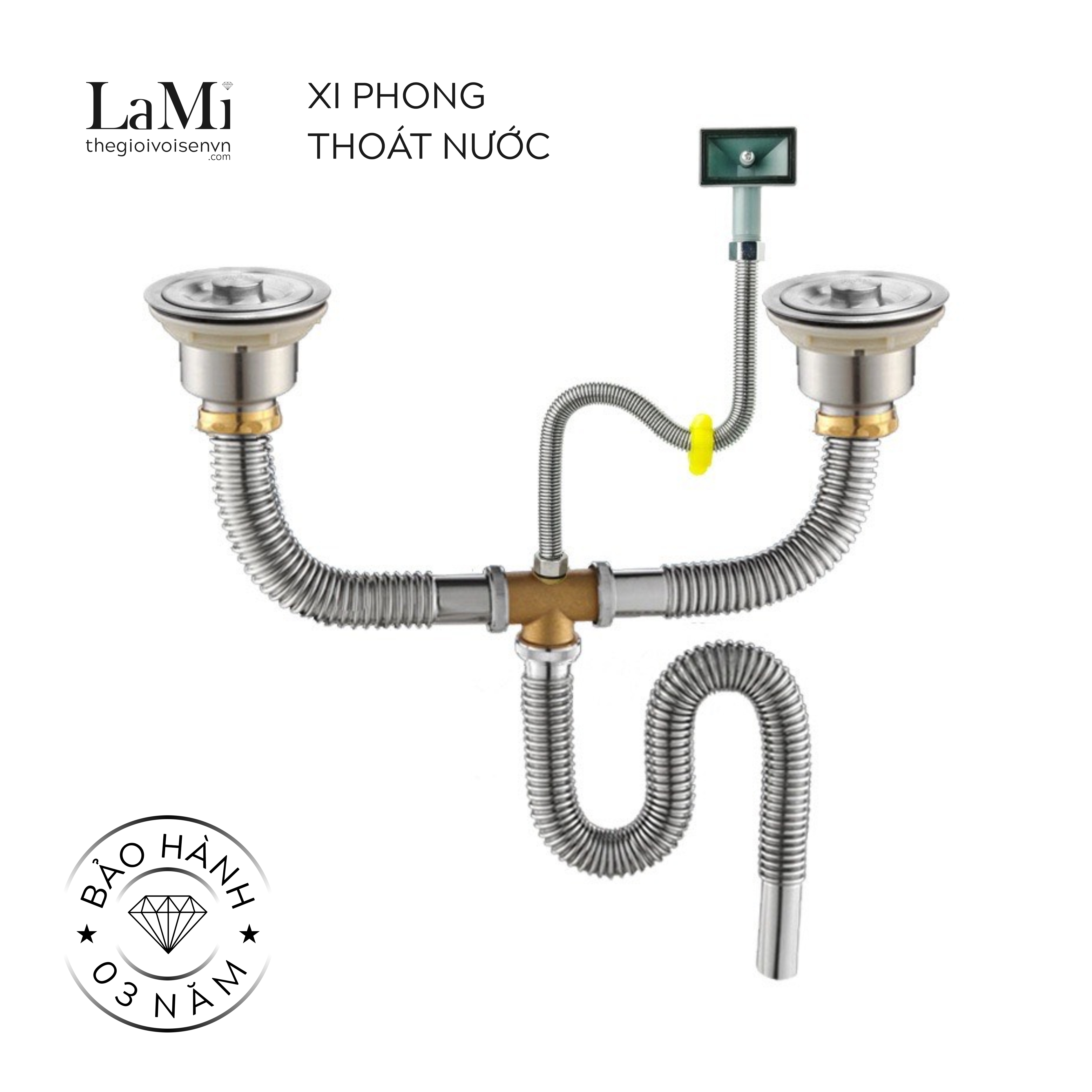 Bộ xã chậu 2 hộc, xi phong thoát nước bồn rửa đôi inox 304 chống mùi hôi cao cấp lami