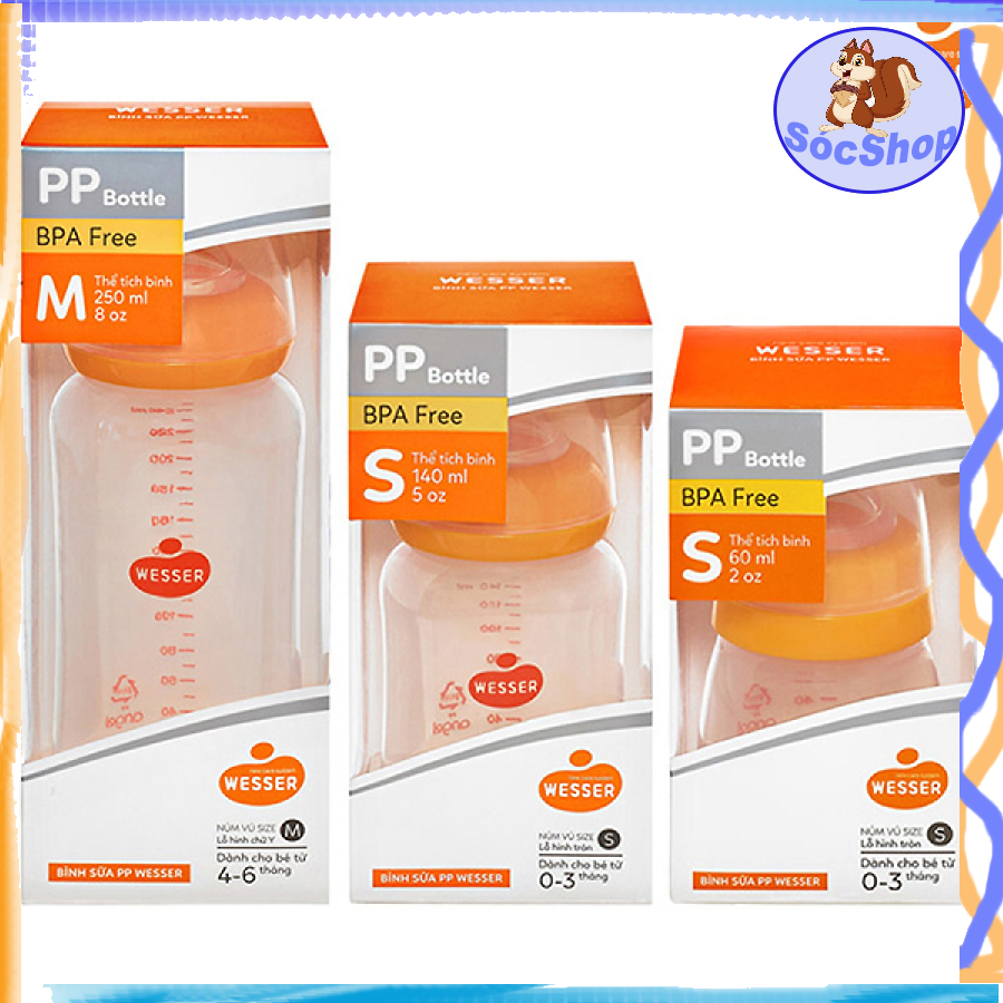 Bình sữa Wesser cổ nhỏ nhựa PP dung tích 250ml-60ml-140ml