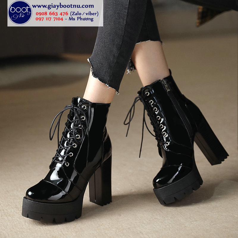 Giày boot nữ cao gót da bóng cột dây sành điệu gbn104