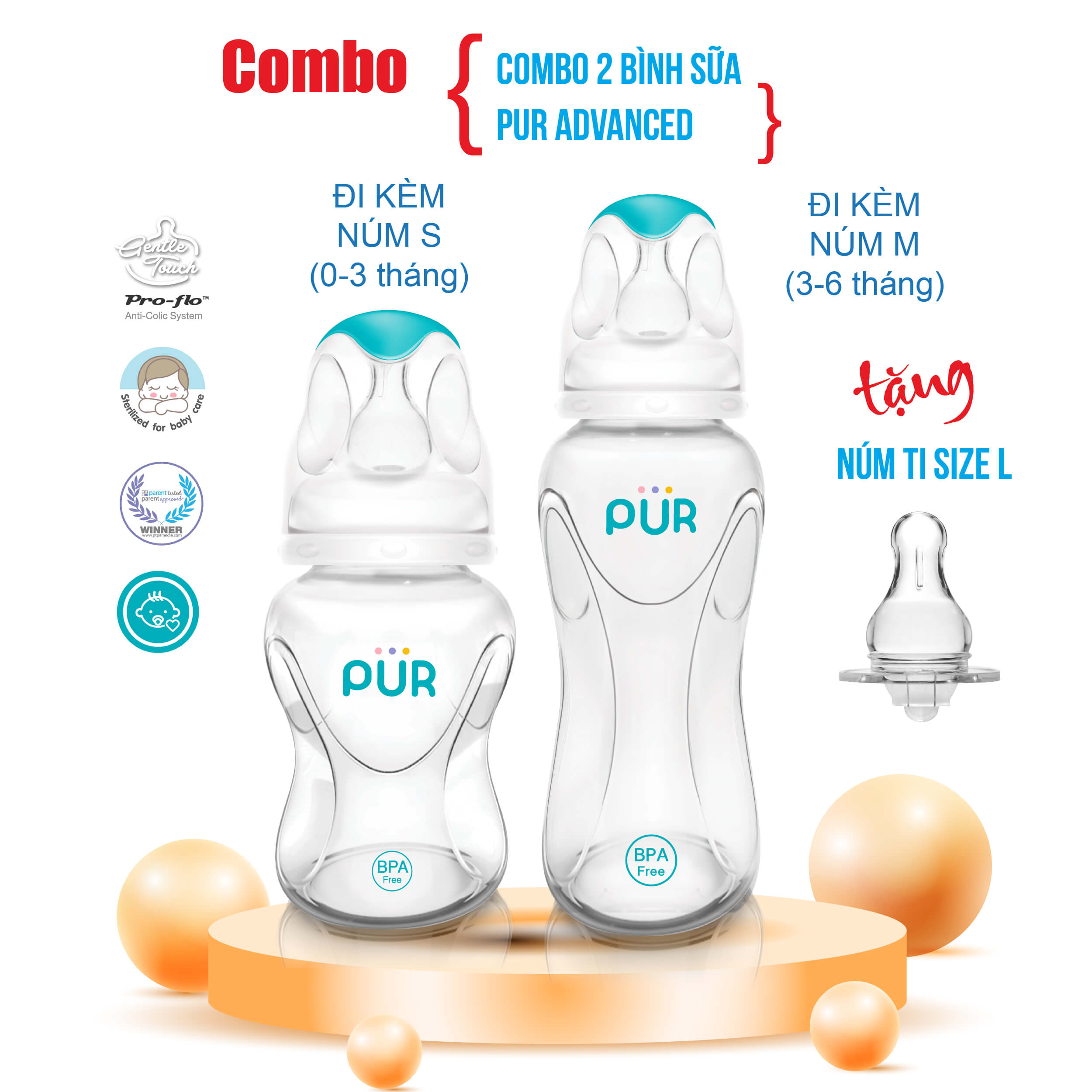 Combo 2 bình sữa Pur Advanced + Núm ti size L