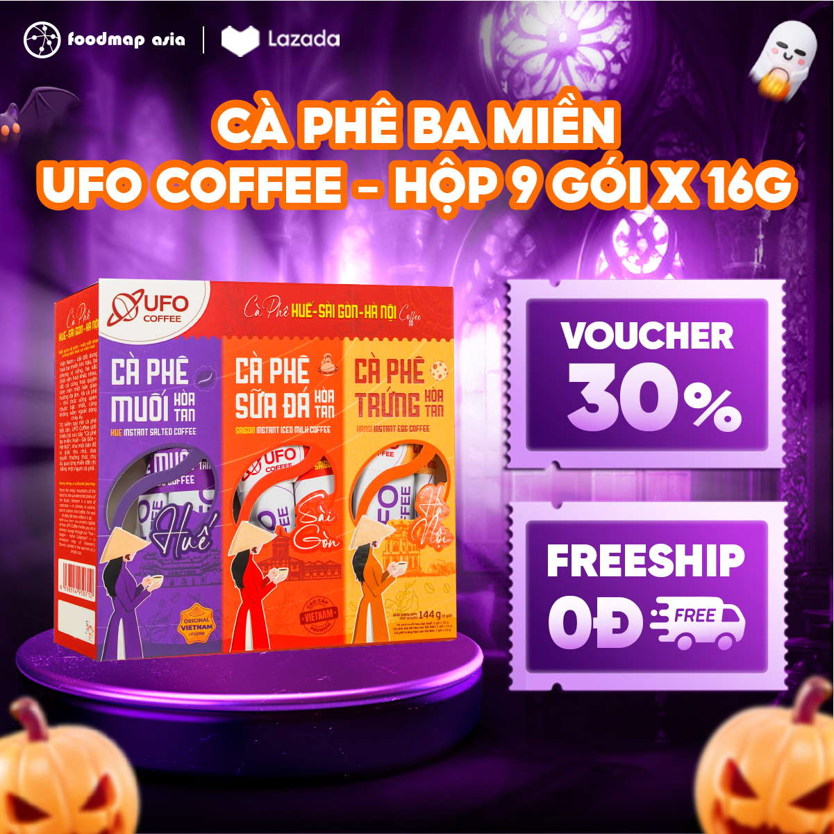 Cà Phê Ba Miền (Cà Phê Muối + Cà Phê Sữa Đá + Cà Phê Trứng) - Hộp 9 Gói - UFO Coffee