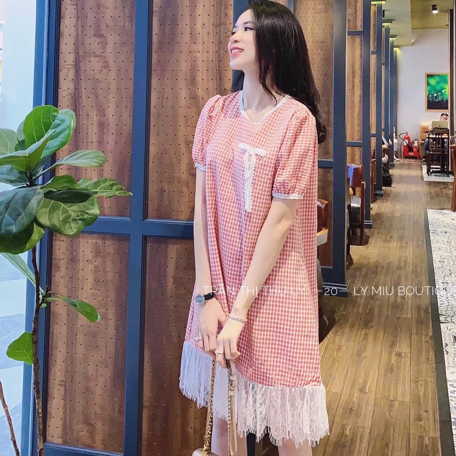 Đầm suông caro phối ren